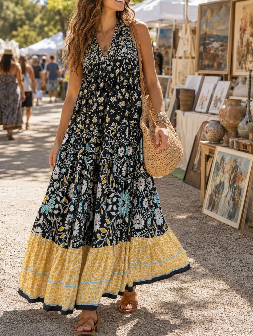 Black Floral Tiered Maxi Dress S Boho Prairie Patchwork Border Smocked Festival